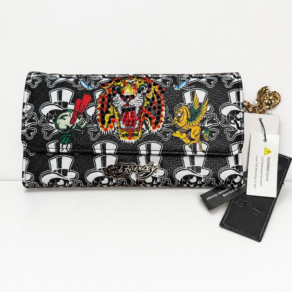 Ed Hardy Skull Tiger Rhinestone Wallet Black White Y2K Tattoo NWT